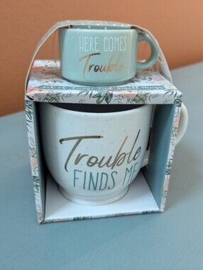 NWT Trouble Finds Me /Here Comes Trouble Mug Set Large Small